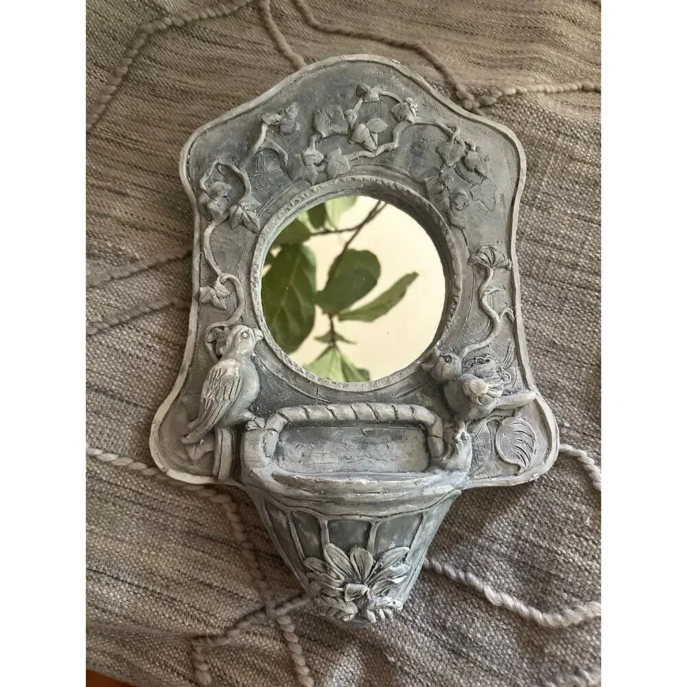 Vintage Pottery Mirror wall hanging hand made birds distressed heavy gray decor